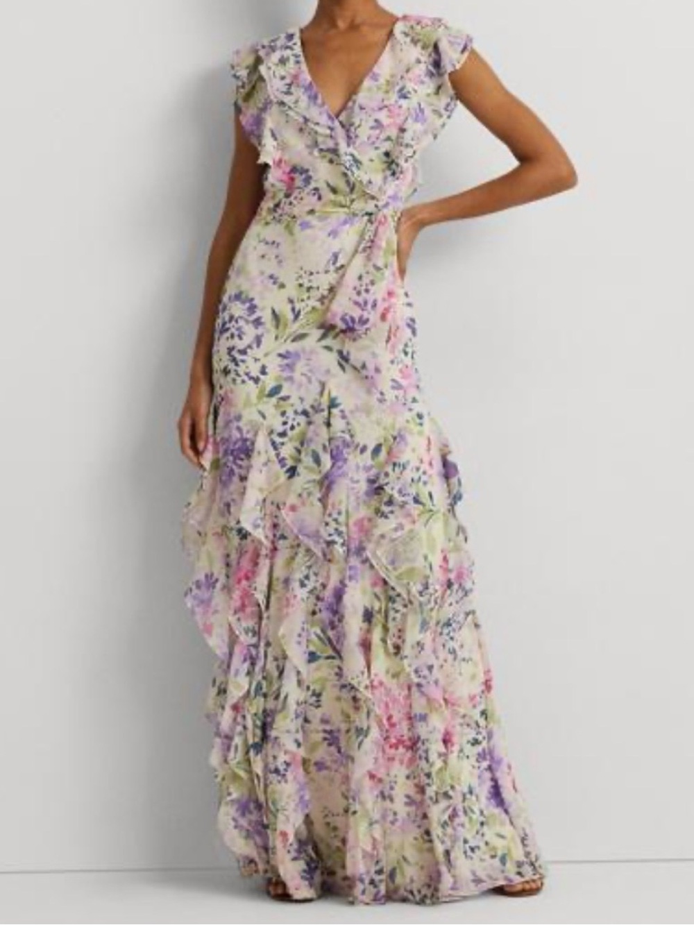 Lauren Ralph Lauren Floral Ruffle Wrap Maxi Dress in Lavender, Pink and Green